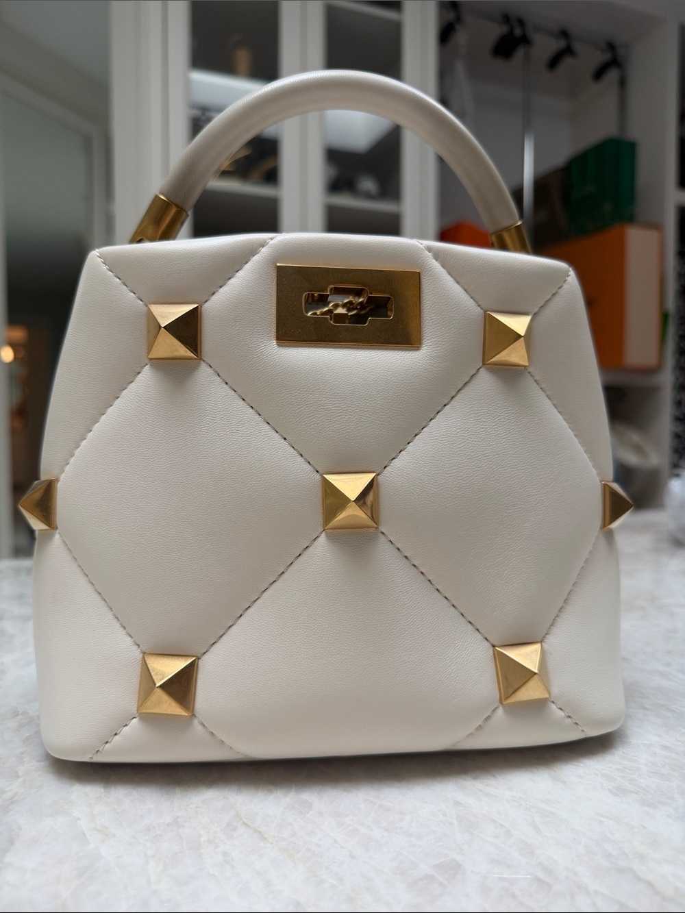 Valentino Garavani Small Roman Stud The Handle Ivory Nappa Leather Bag